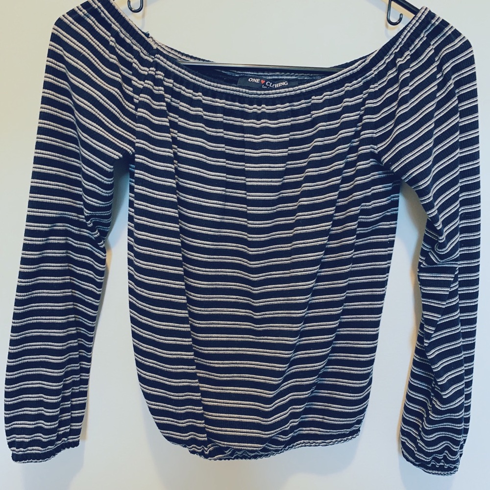 navy blue & white off the shoulder ribbed crop top
